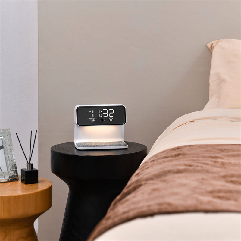 Creative 3 In 1 Bedside Lamp Wireless Charging LCD Screen Alarm Clock Wireless Phone Charger For Iphone