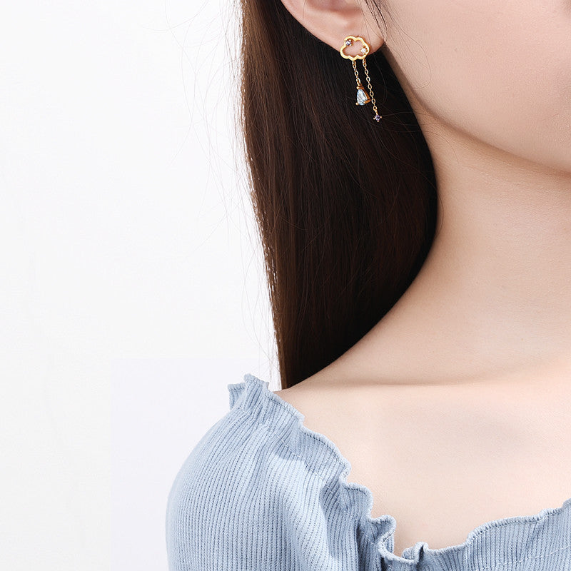 Asymmetric fringed water drop ear stud