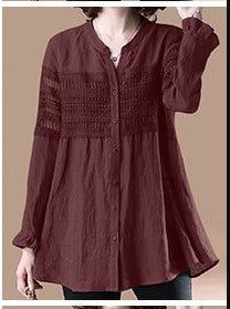 Patchwork Blouse Women V Neck Long Sleeve Shirt Loose Buttons Down Tops Mujer