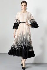 New Pleated Long Summer Women Dress O-Neck Lace-up Belt Print Loose Large Size