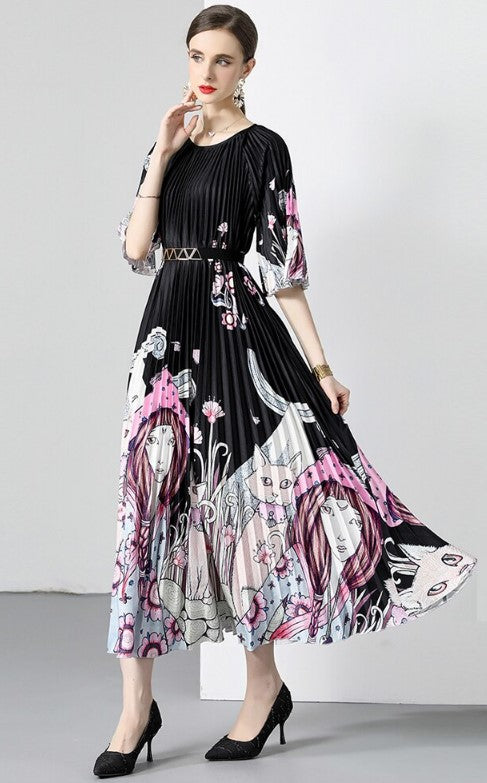 New Pleated Long Summer Women Dress O-Neck Lace-up Belt Print Loose Large Size