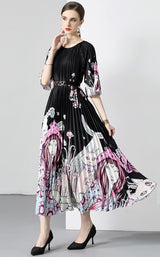 New Pleated Long Summer Women Dress O-Neck Lace-up Belt Print Loose Large Size