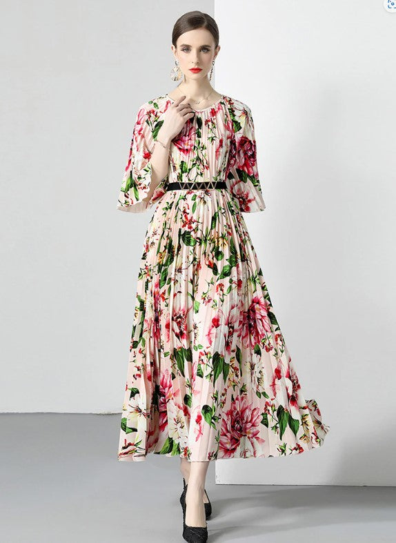 New Pleated Long Summer Women Dress O-Neck Lace-up Belt Print Loose Large Size