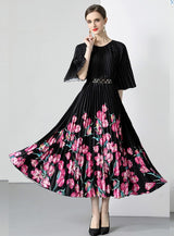 New Pleated Long Summer Women Dress O-Neck Lace-up Belt Print Loose Large Size