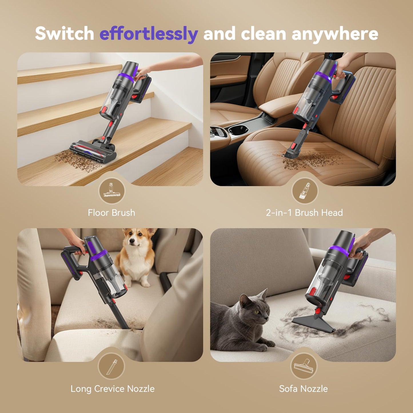 TechRise Cordless Vacuum Cleaner, 500W/45Kpa Stick Vacuum for Home, Anti-Tangle Brush & 8-in-1 Self-Standing, Up to 60Mins Runtime Lightweight with LED Display for Hardwood Floor,Carpet,Pet Hair