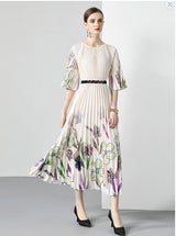New Pleated Long Summer Women Dress O-Neck Lace-up Belt Print Loose Large Size