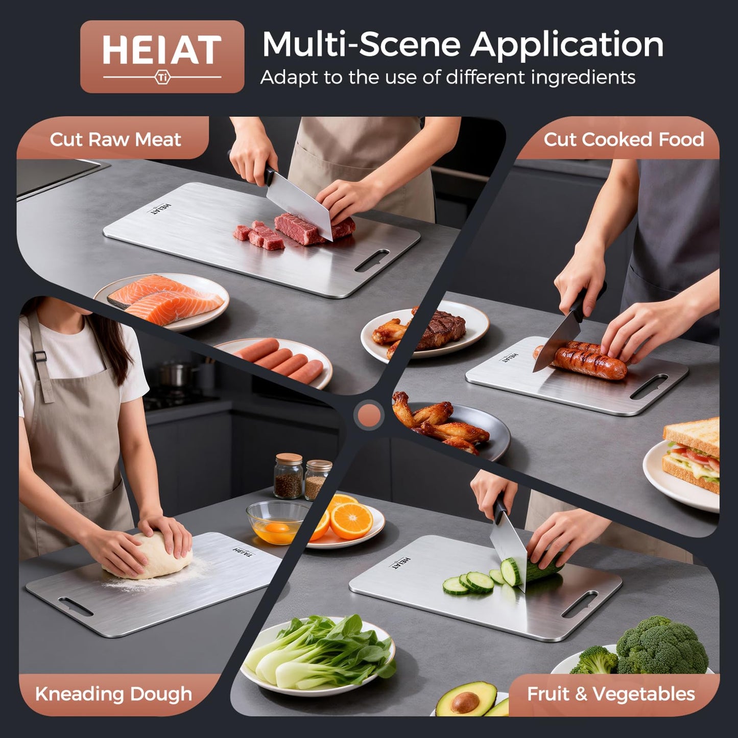 Titanium Cutting Board Set of 3, 100% Pure Titanium Cutting Boards for Kitchen, Non-Toxic, Double-Sided Chopping Boards for Raw & Cooked Food, Handles Included, Dishwasher Safe(M+L+XL)