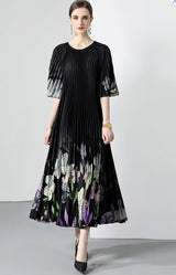 New Pleated Long Summer Women Dress O-Neck Lace-up Belt Print Loose Large Size