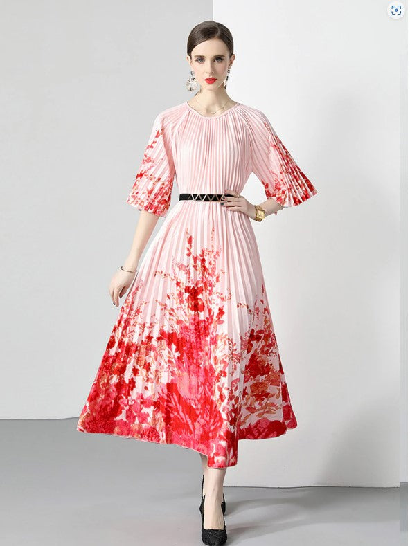 New Pleated Long Summer Women Dress O-Neck Lace-up Belt Print Loose Large Size