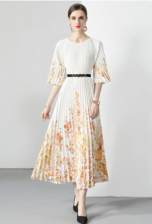 New Pleated Long Summer Women Dress O-Neck Lace-up Belt Print Loose Large Size