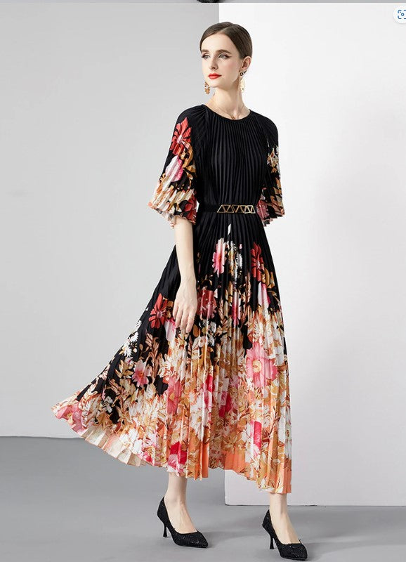New Pleated Long Summer Women Dress O-Neck Lace-up Belt Print Loose Large Size