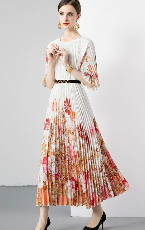 New Pleated Long Summer Women Dress O-Neck Lace-up Belt Print Loose Large Size