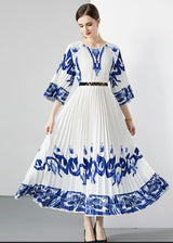 New Pleated Long Summer Women Dress O-Neck Lace-up Belt Print Loose Large Size