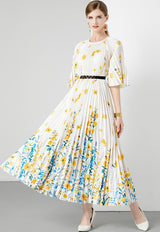 New Pleated Long Summer Women Dress O-Neck Lace-up Belt Print Loose Large Size