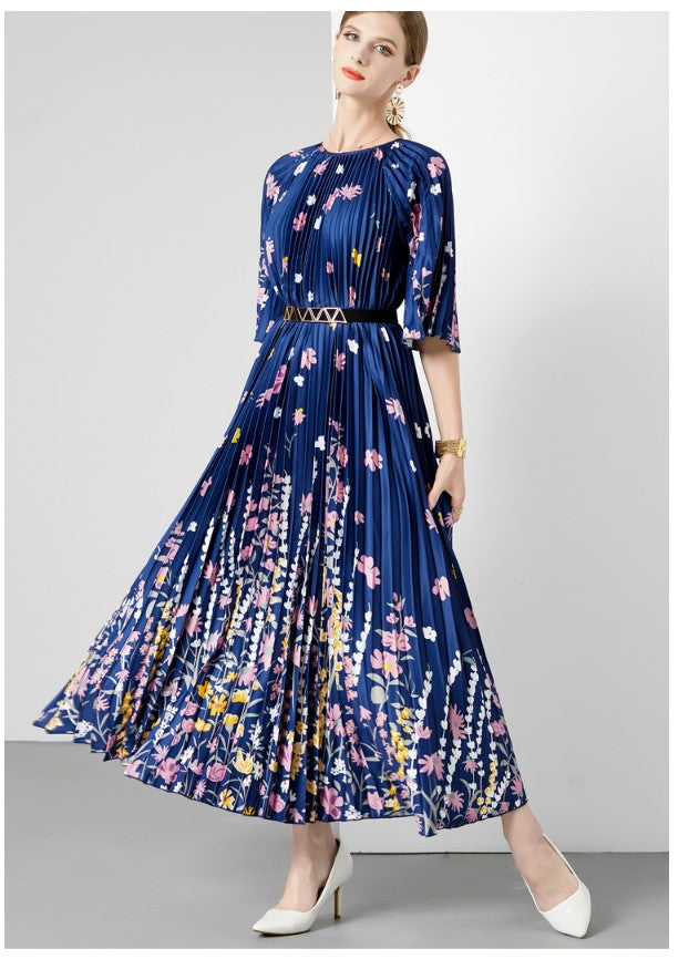 New Pleated Long Summer Women Dress O-Neck Lace-up Belt Print Loose Large Size