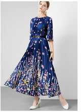 New Pleated Long Summer Women Dress O-Neck Lace-up Belt Print Loose Large Size