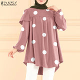 2023 Fashion Turkey Blouse Polka Dots Printed Causal Tops Ruffles Long Puff Sleeve Female Shirt Muslim Hijab Blouse Oversize Blusas