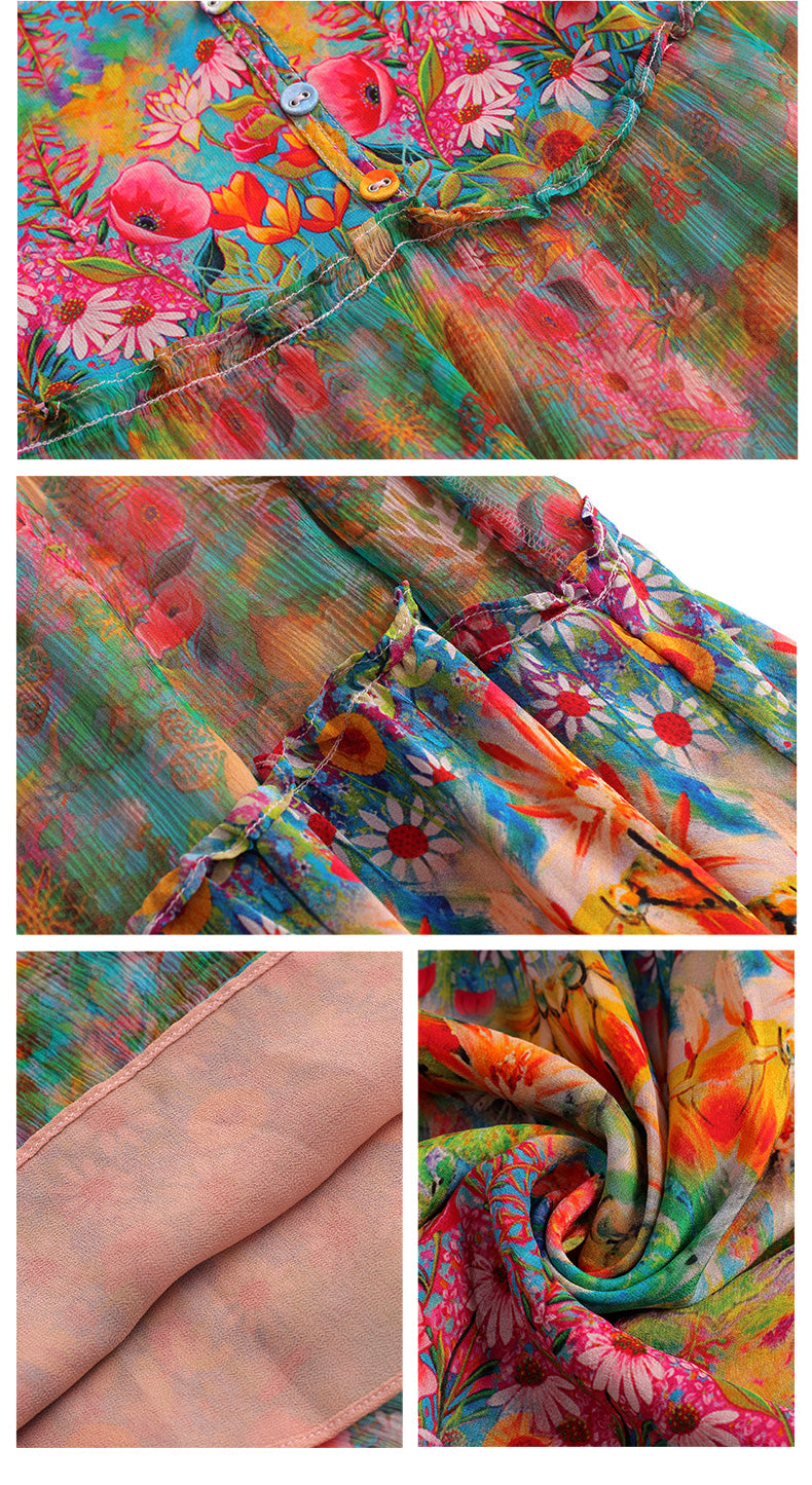 High Quality Summer 2023 Beach Boho Vintage Print Chiffon V Neck Dress Elegant Party Dresses