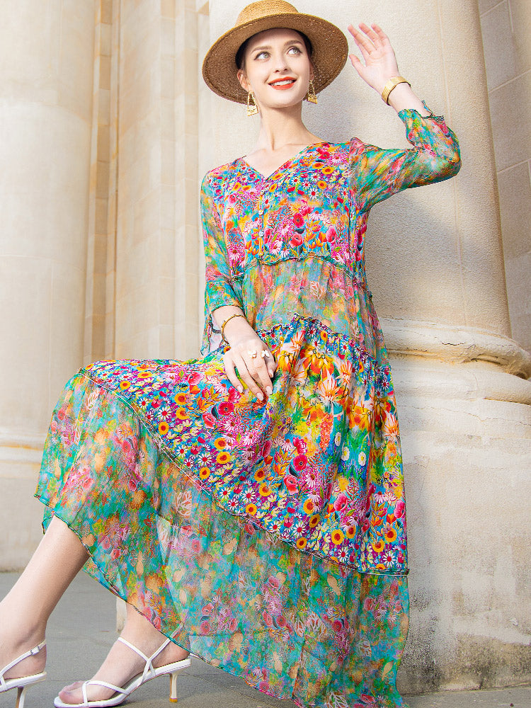 High Quality Summer 2023 Beach Boho Vintage Print Chiffon V Neck Dress Elegant Party Dresses