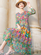 High Quality Summer 2023 Beach Boho Vintage Print Chiffon V Neck Dress Elegant Party Dresses