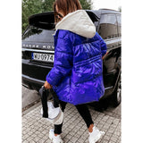 Winter Shiny Hooded Coat Women Long Sleeve Zipper Casual Street Style Bomber Jacket Thick Warm Parka Outerwear 2021