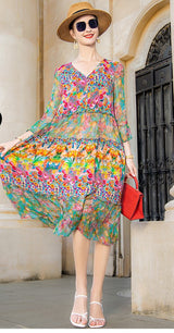 High Quality Summer 2023 Beach Boho Vintage Print Chiffon V Neck Dress Elegant Party Dresses
