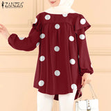 2023 Fashion Turkey Blouse Polka Dots Printed Causal Tops Ruffles Long Puff Sleeve Female Shirt Muslim Hijab Blouse Oversize Blusas