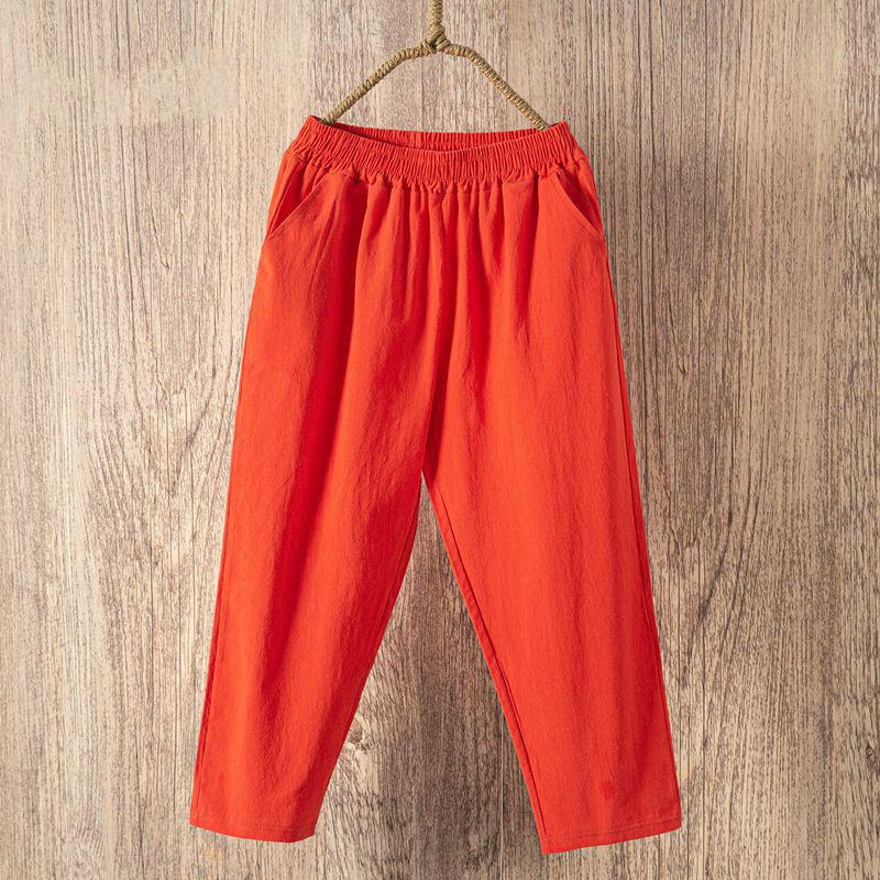 Women Summer Casual Loose Elastic Waist Cotton Linen Pants Ninth Trousers