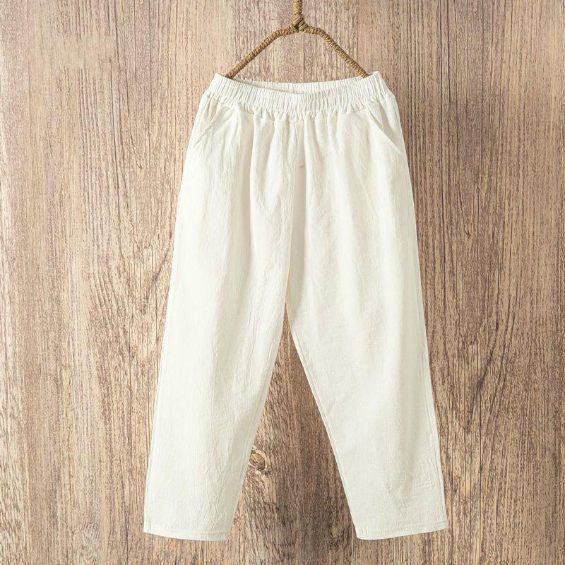 Women Summer Casual Loose Elastic Waist Cotton Linen Pants Ninth Trousers