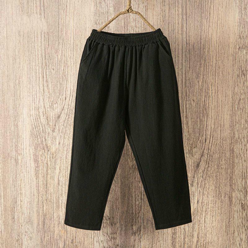 Women Summer Casual Loose Elastic Waist Cotton Linen Pants Ninth Trousers
