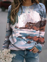 Popular ladys landscape print long-sleeved T-shirt top