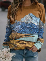 Popular ladys landscape print long-sleeved T-shirt top