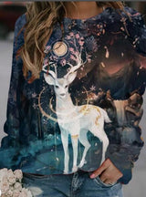 Popular ladys landscape print long-sleeved T-shirt top