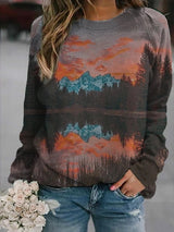 Popular ladys landscape print long-sleeved T-shirt top