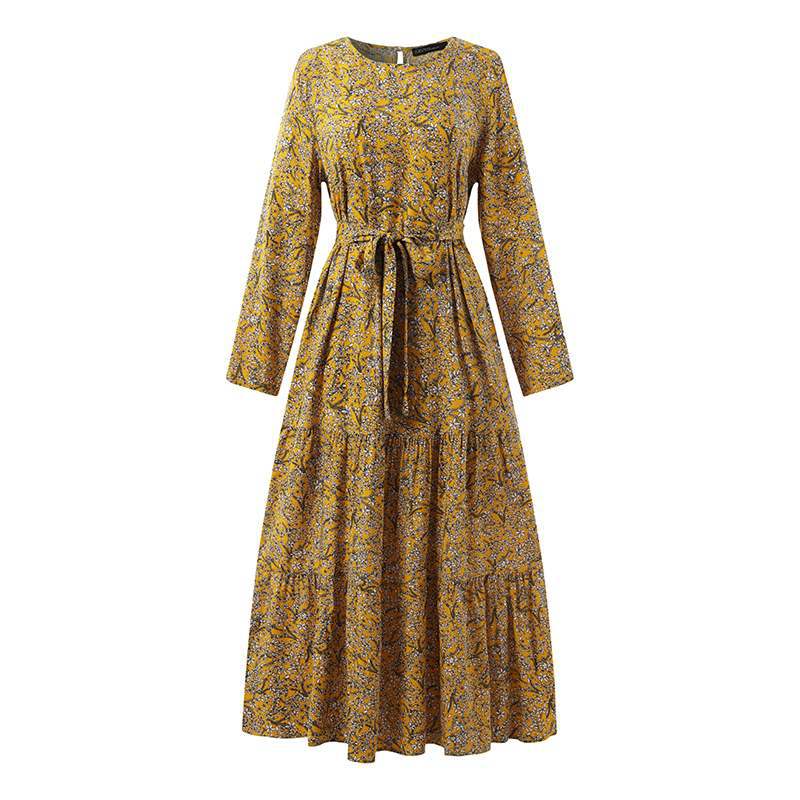 Fashion Long Sleeve Floral Print Crew Neck Dress