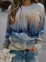 Popular ladys landscape print long-sleeved T-shirt top
