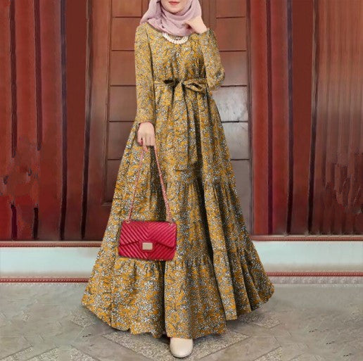 Fashion Long Sleeve Floral Print Crew Neck Dress