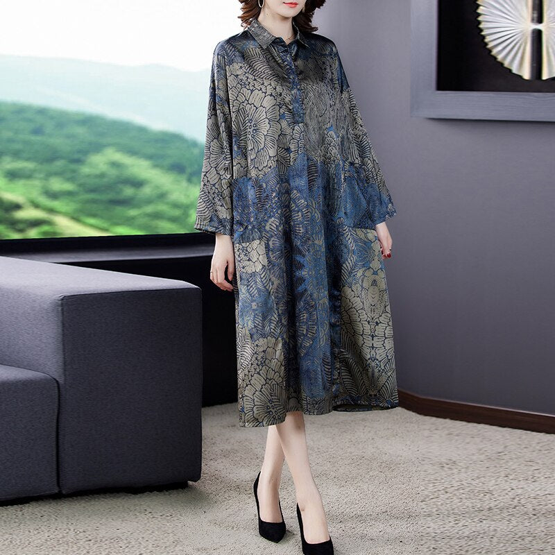 Autumn Floral Natural Silk Satin Midi Dresses Spring Women Korean Vintage Casual Loose Vintage Dress 2023 New Elegant Vestidos