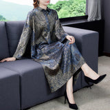 Autumn Floral Natural Silk Satin Midi Dresses Spring Women Korean Vintage Casual Loose Vintage Dress 2023 New Elegant Vestidos