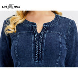 LIH HUA Women's Plus Size Denim Dress Elasticity Knitted Denim Dresses Slim Fit Casual Dress Shoulder Pads Midi Dress