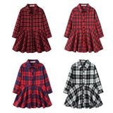 Kid Girl Dress Plaid Midi Long Sleeve Round Lapel Collar High Waist Buttons Spring Autumn Princess Shirt 4-12Years