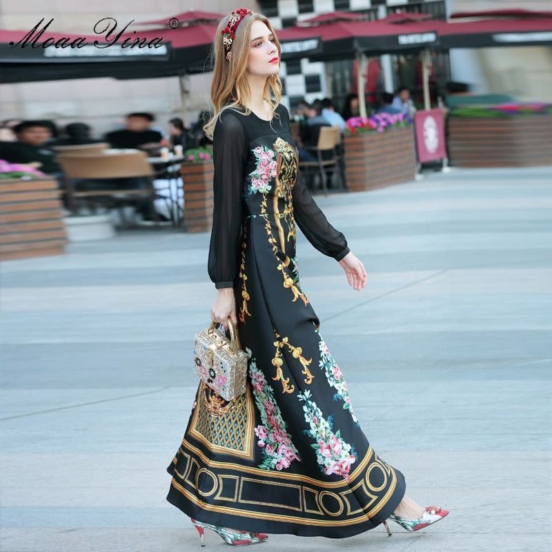 MoaaYina Fashion Designer dress Spring Women's Dress Long sleeve Vintage Floral-Print Black Maxi Dresses