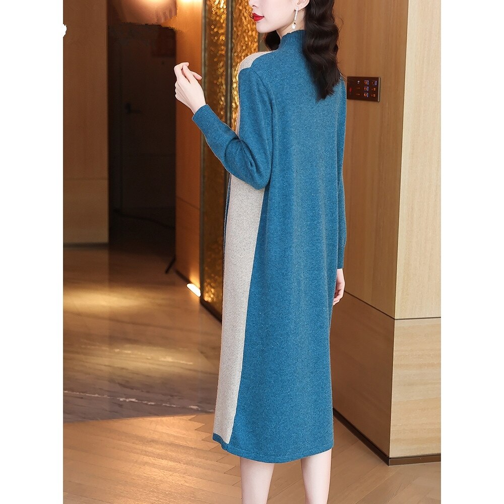 2021 Vintage Blue 3XL Plus Size Knit Turtleneck Wool Sweater Midi Dress Autumn Winter Casual Women Elegant Bodycon Long Sweaters