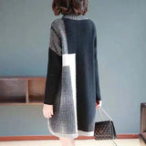 Autumn Winter Black Patchwork Knitted Cotton Pullovers Women Korean Vintage Midi Sweater Dress 2023 Elegant Turtleneck Sweaters