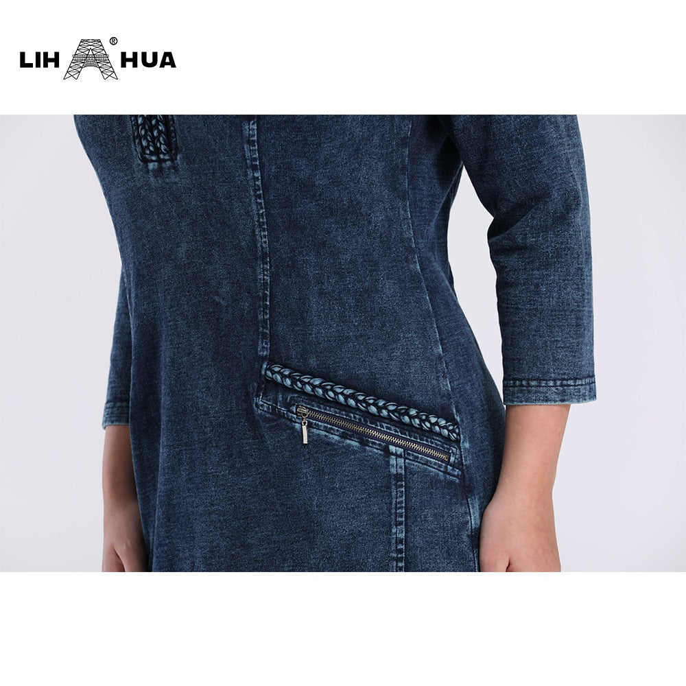 LIH HUA Women's Plus Size Denim Dress Elasticity Knitted Denim Dresses Slim Fit Casual Dress Shoulder Pads Midi Dress