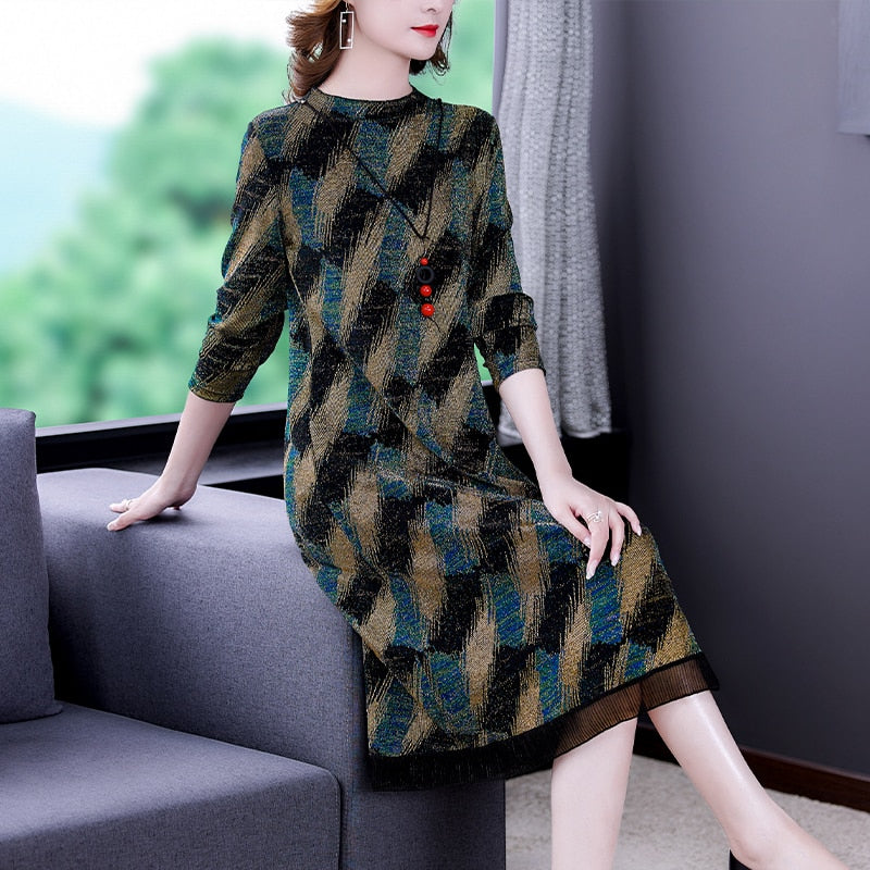 Women Knitted Striped Midi Dresses Autumn Winter Plus Velvet Thick Warm Dress 2023 Korean Vintage Elegant Loose Waist Vestidos