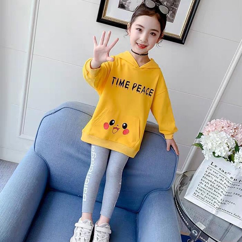 2 Pcs Kids Clothes Girl Spring Autumn Cartoon Pull Sleeve Tracksuit 2 5 7 8 10 12 14 Years Hoodies Top + Pants Sportswear Sets