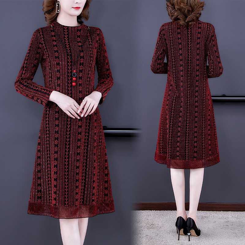 2023 High Quality Red Knitted Plus Velvet Midi Dress Autumn Winter Thick Warm Dress Women Black Korean Vintage Elegant Vestidos