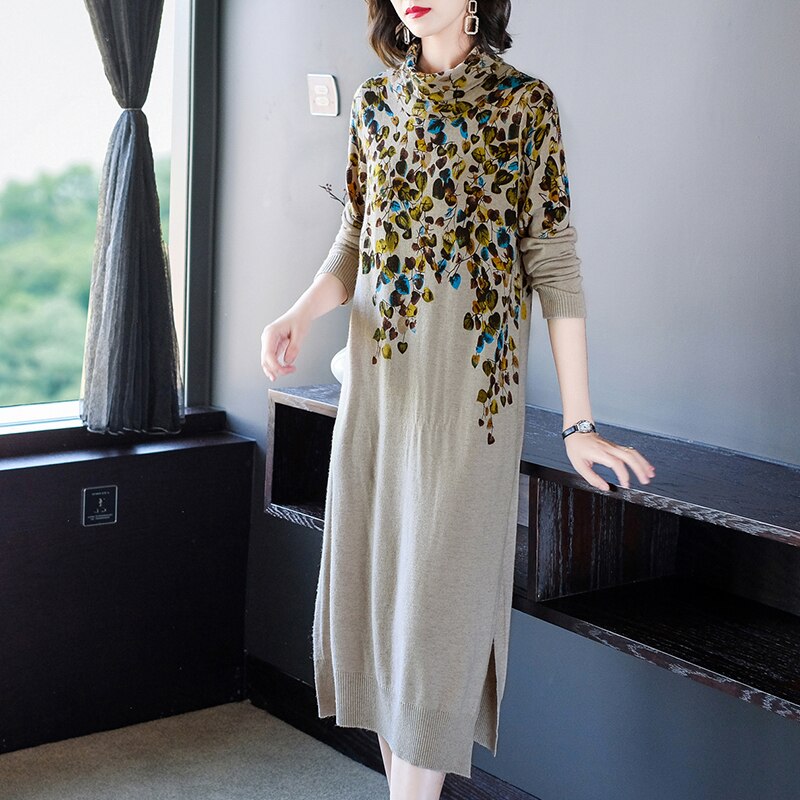 2023 Knitted Thick Midi Wool Sweaters Dress Women Korean Vintage Turtleneck Sweater Autumn Winter Elegant Bodycon Coat Sweaters