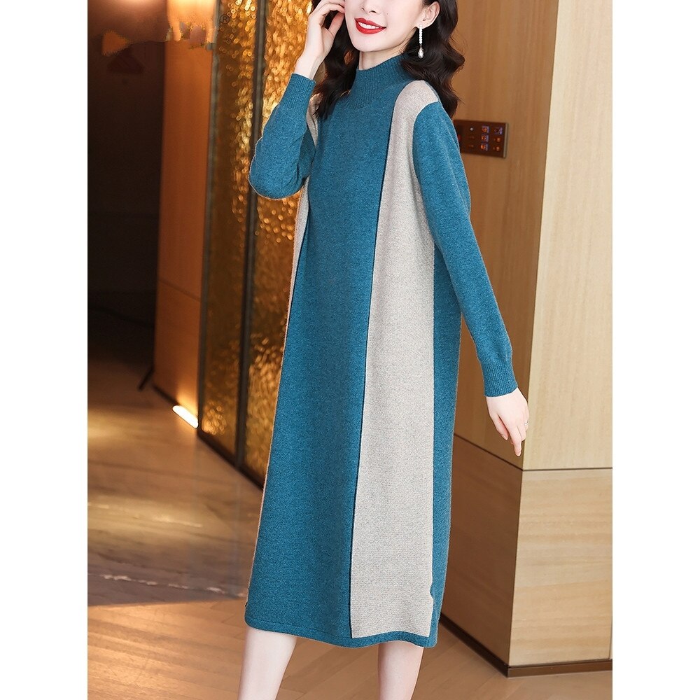 2021 Vintage Blue 3XL Plus Size Knit Turtleneck Wool Sweater Midi Dress Autumn Winter Casual Women Elegant Bodycon Long Sweaters